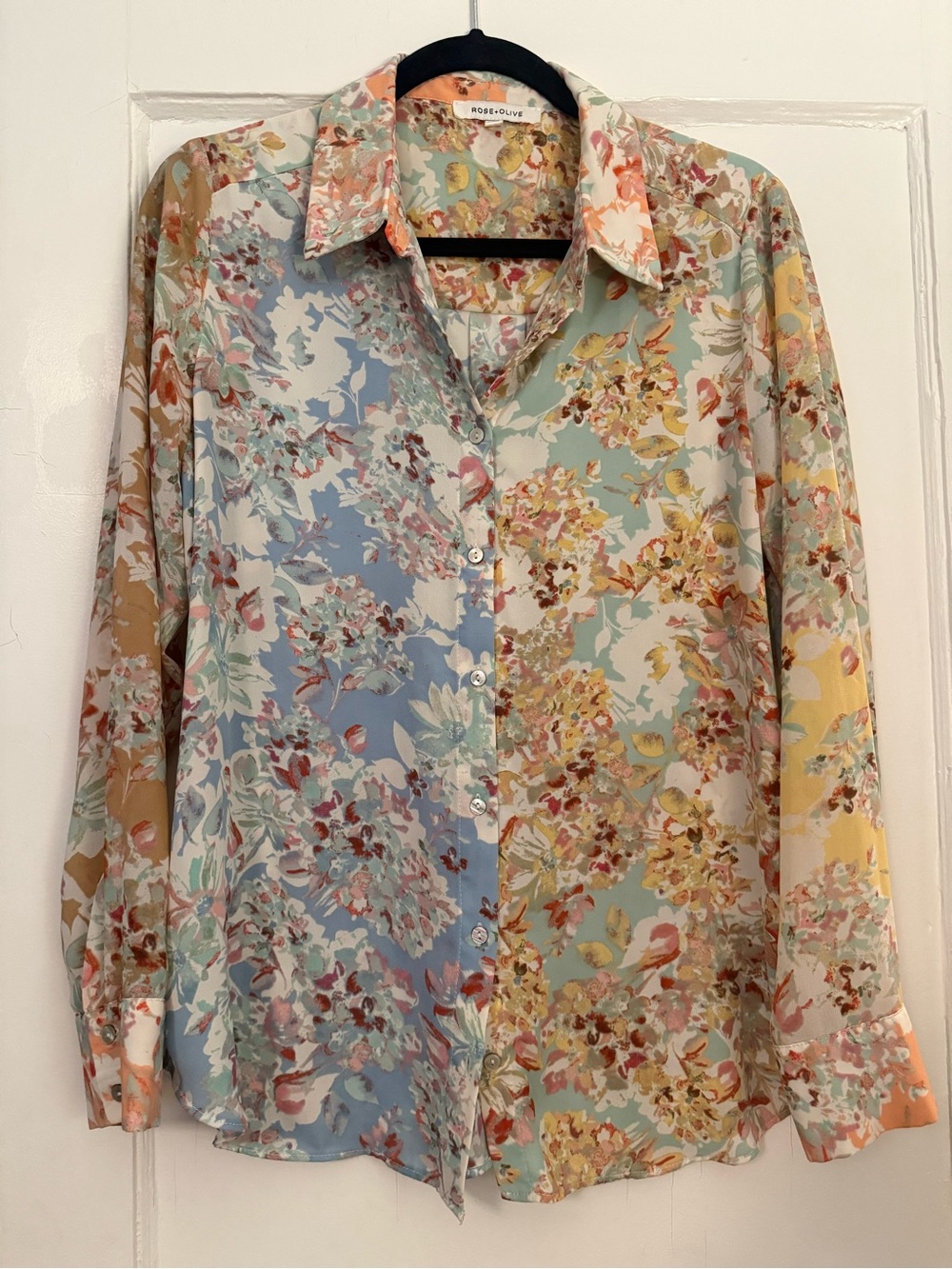 Rose & Olive Floral Button-Up Blouse in Blue, Green, Yellow